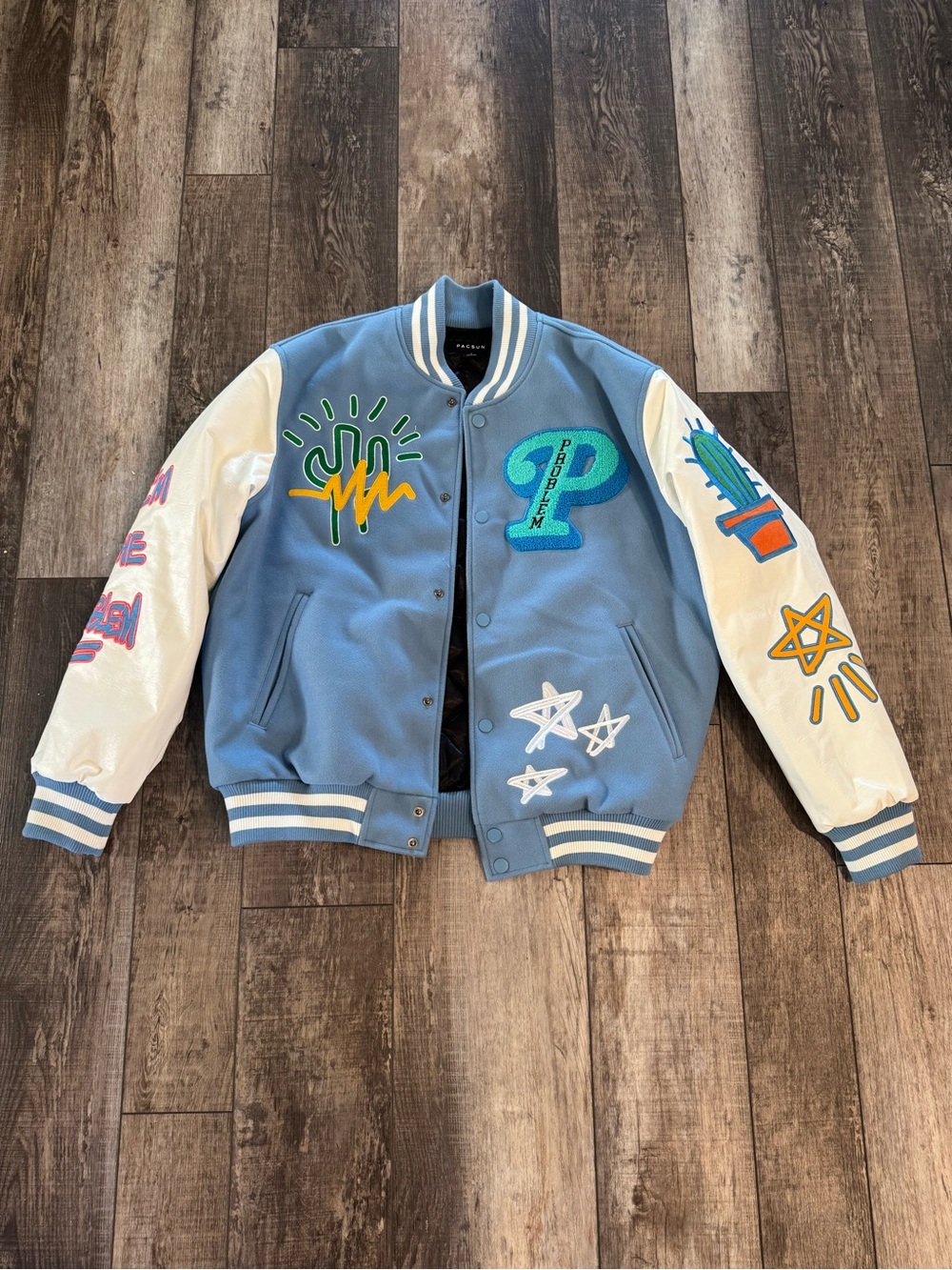 PacSun Blue & White Varsity Jacket with Colorful Patches